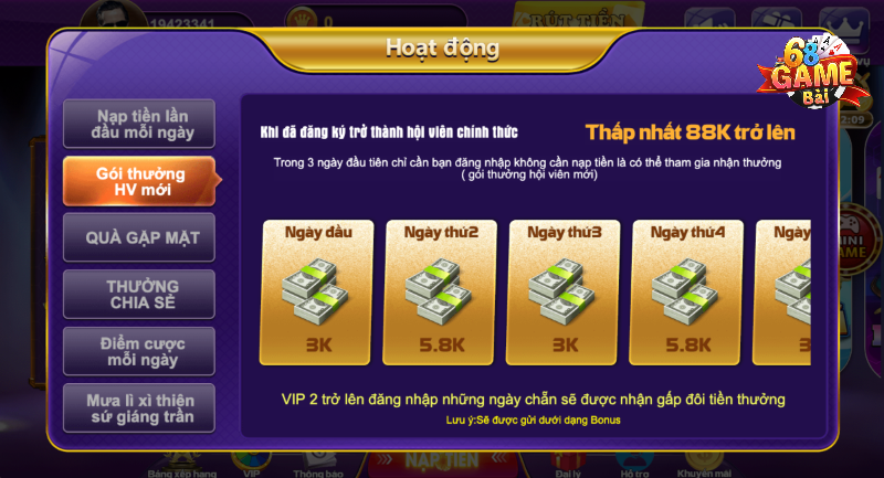Quà gặp mặt khi đến với 68 game bài