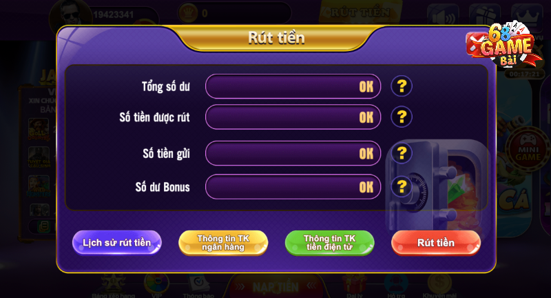 Kiểm tra thông tin số dư khi rút tiền 68 game bài
